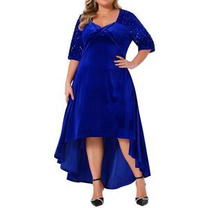 Plus Size Velvet Sweetheart Neck High Low Hem Party Maxi Dress Royal blue